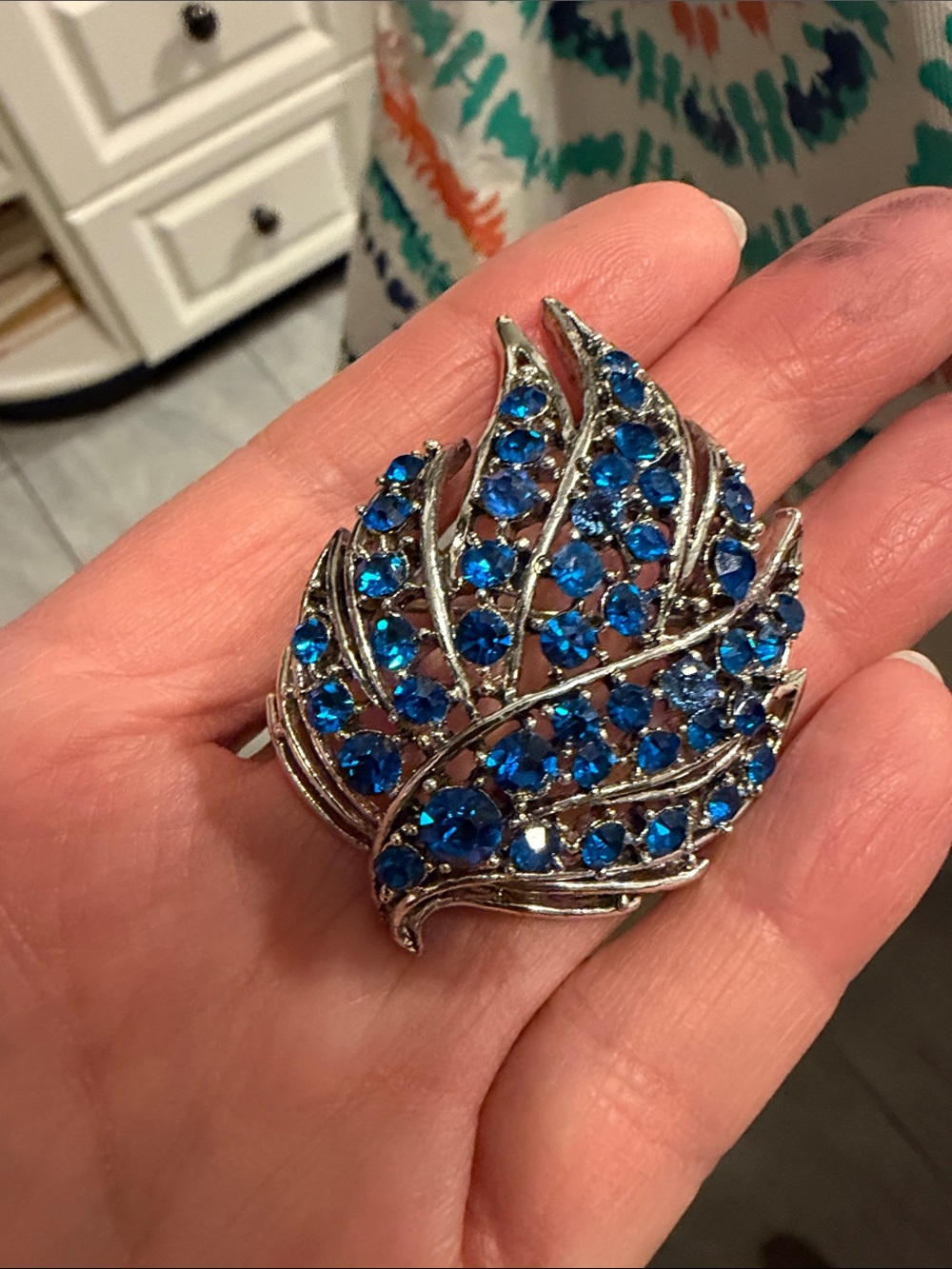 Silver Leaf Brooch with Blue Crystal Accents - Women's Jewelry